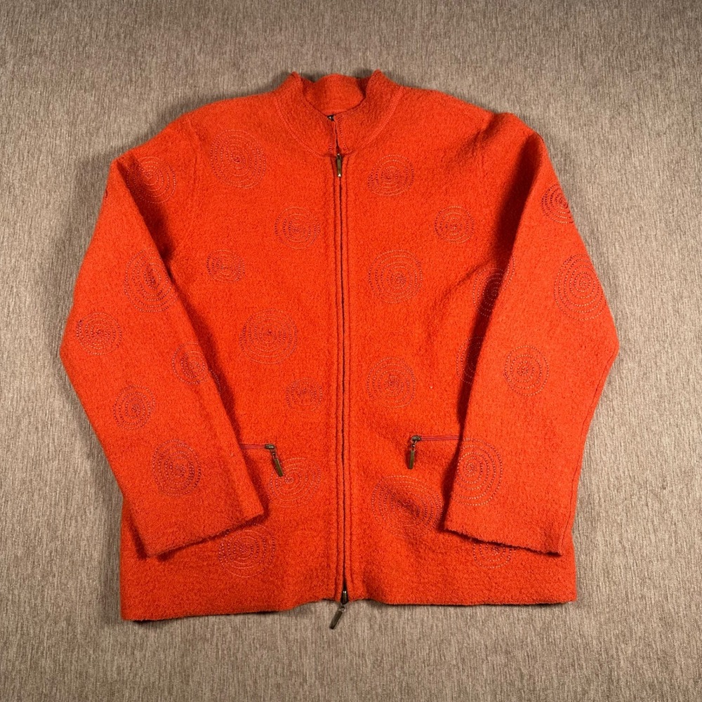 Carole Little Womens Orange Boiled Wool Spiral Embroidered Zip Up Sweater Large